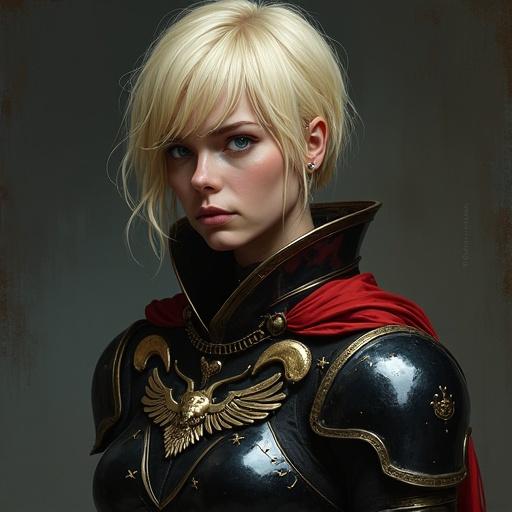 Intense close-up portrait of a Battle Sister. Short platinum blonde hair shaved on one side with longer fringe. Piercing blue eyes, facial scar. Wearing black energy armor with prominent gorget featuring golden Aquila and skull. Visible red pauldrons. Long scroll attached to armor. Dark indistinct background. Detailed and realistic digital art style.