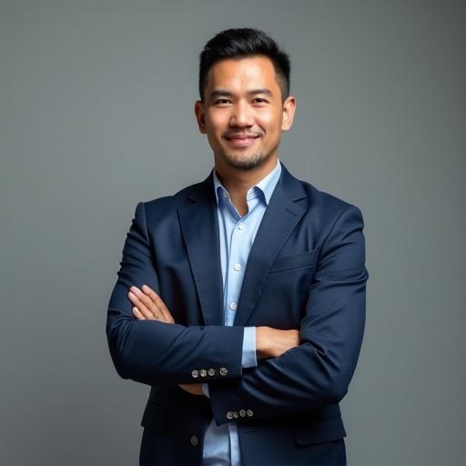 Business employee positioned with crossed arms portraying confidence and authority in a professional setting. Wearing a navy blue suit and a light blue shirt. Background is neutral and enhances professional appearance.