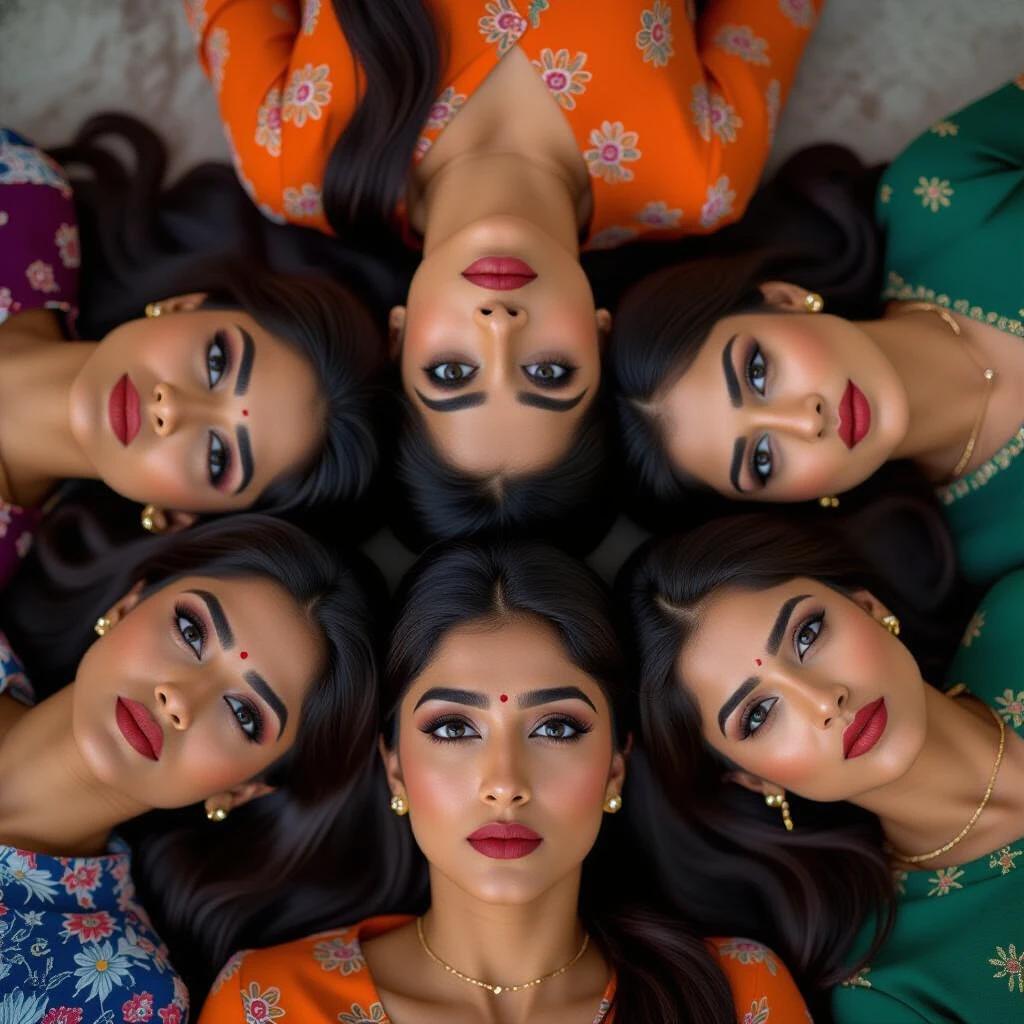 Group of six Scottish-Pakistani women with dark brown eyes and black hair styled differently. They lie on the ground, staring with serious faces. Their lips are closed, eyes wide open, and eyebrows are thick and furrowed. The women wear vibrant, colorful outfits that reflect cultural heritage.