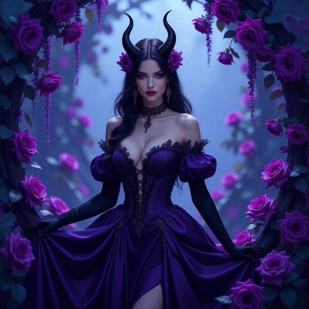 A captivating figure stands amidst swirling deep purple hues and cascading roses. She wears a form-fitting gothic dress. The dress features intricate shimmering patterns. The figure has delicate black horns. Pale skin contrasts sharply with darker surroundings. A poised expression enhances her mystical aura. The composition blends floral richness with flowing movement. Soft ambient lighting bathes the tableau, inviting viewers into a fantastical realm.