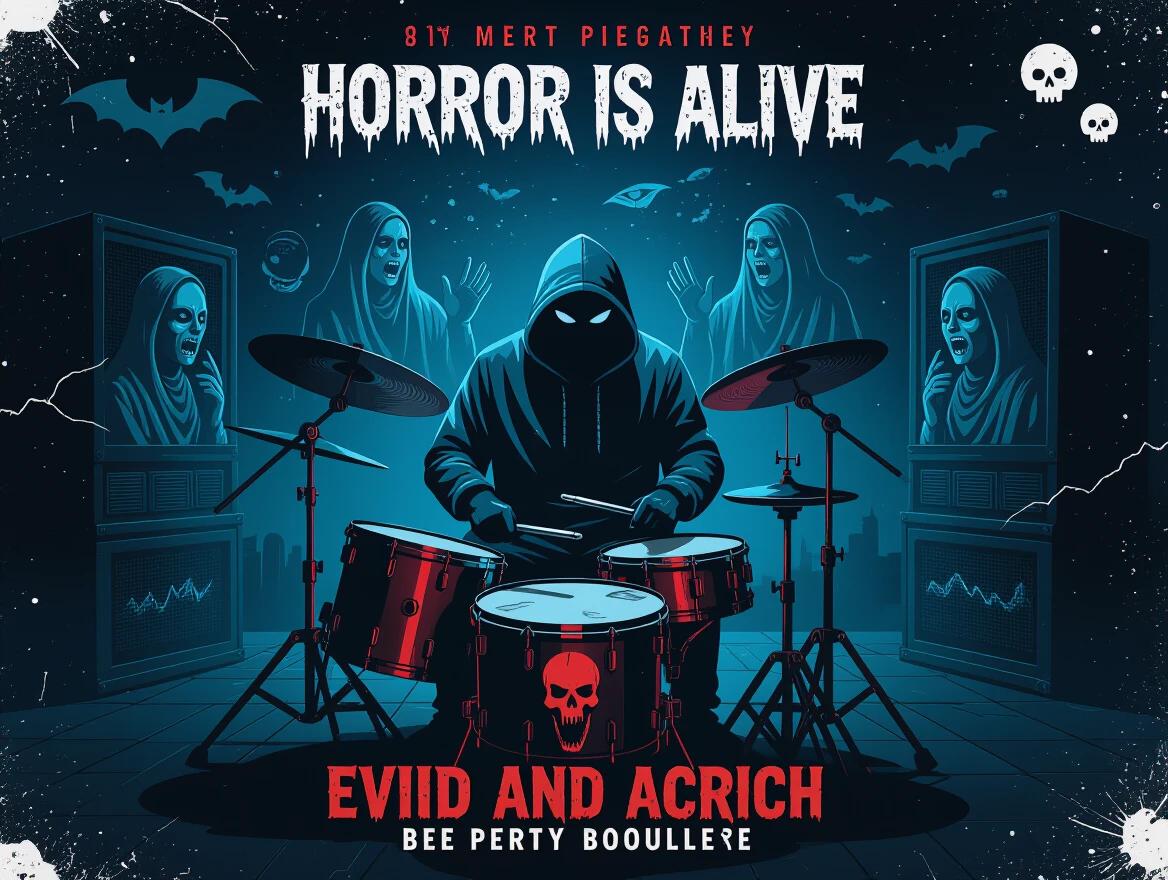Illustration of a drummer performing with a dark and eerie vibe. The scene is set with sinister, ghostly figures blurred in the background. The drummer is in a black hoodie, capturing a menacing presence. Color palette includes dark shades complemented by bright red accents. Heavy use of shadows creates an ominous atmosphere. Elements suggest a horror theme to resonate with trap music vibes.