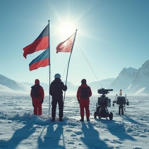Symbolic composition displays Antarctic exploration. Explorers raise national flags and set up scientific instruments on icy ground. Background features silhouettes of political leaders, satellites, maps with territorial claims. Epic lighting and cold tones. Layered meaning in a 16:9 aspect ratio.