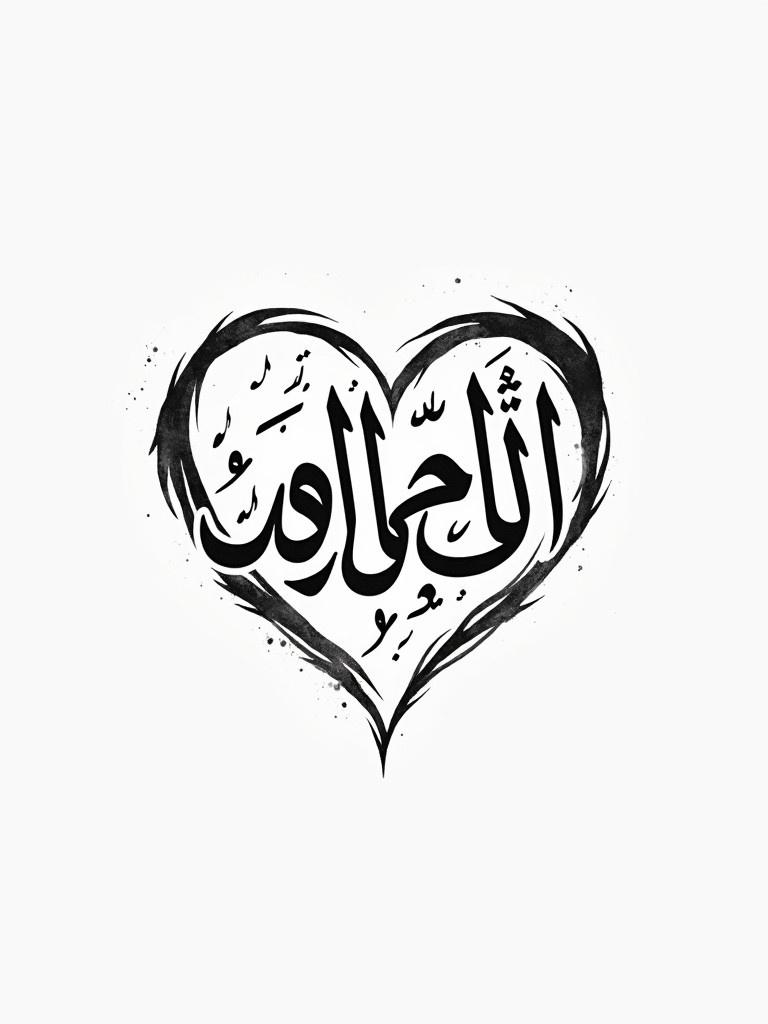 Bold black ink on white paper. Design in heart shape includes names Muhammed Irfan and Rabiya in Arabic.