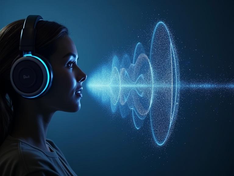 A woman wears headphones. A dynamic noise-cancellation field forms a visible soundwave bubble around her profile. The effect is illustrated in glowing blue tones against a dark background.