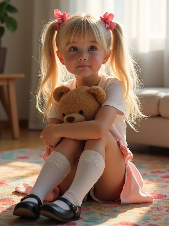 A young girl with long blonde hair and twin tails. She wears a white shirt, pale pink skirt, and lace-accented thigh-high socks. Sitting on a colorful rug, she holds a teddy bear. Cheeks are flushed while she looks up curiously. The setting is a bright living room with soft lighting.
