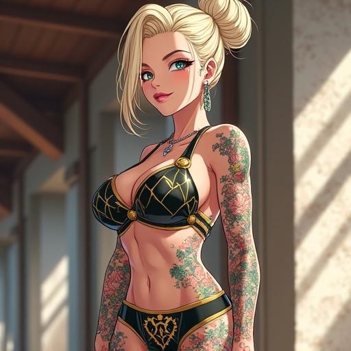 A powerful female anime character in a luxurious dojo with a modern training outfit. Features include vibrant tattoos, elegant jewelry, and a cybernetic leg. Set in a futuristic city.