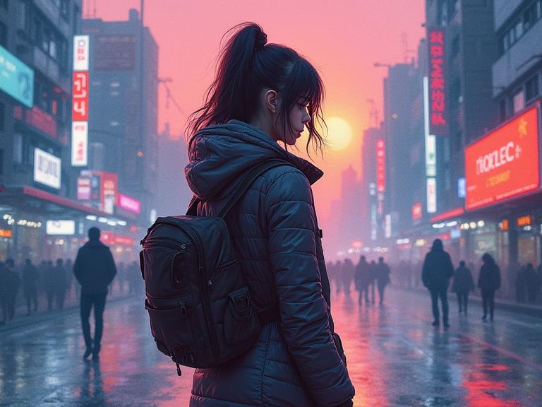Speed painting of a beautiful girl in a cyberpunk city. City background features neon lights and a sunset. Artwork displays a combination of watercolor and brushstroke techniques in a sci-fi, dystopian style.