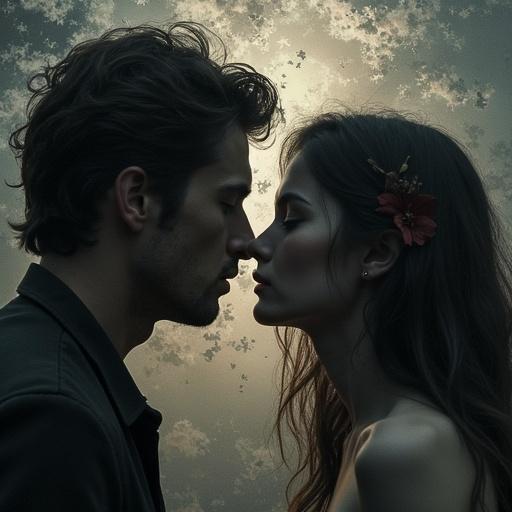 Symbolism for a broken heart with a gorgeous couple sharing an intimate moment. Sad atmosphere with dark clouds in the background. Emotionally charged scene depicting heartache and hope.