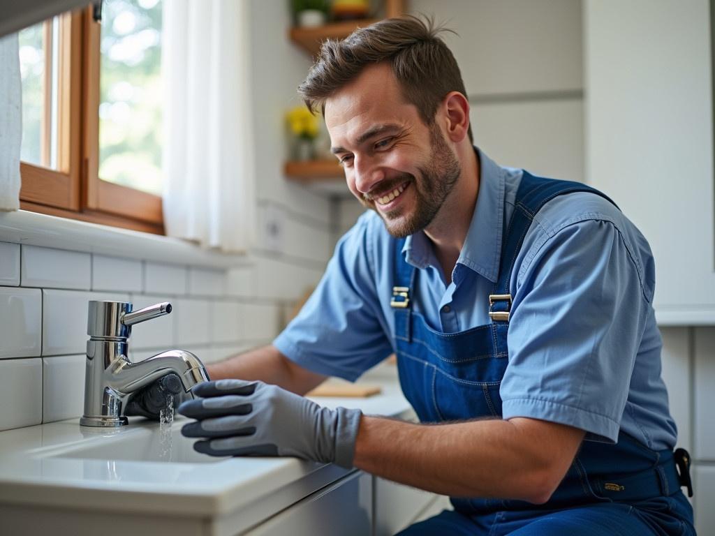 Plumber works on kitchen faucet. Wearing gloves. Blue overalls. Bright kitchen setting. Focus on hands fixing sink. Natural light filters in through window.