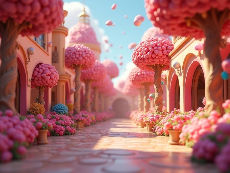 Vibrant and playful digital illustration of a whimsical candy kingdom. Features colorful trees and flowers along a pathway. Uses dynamic lighting with cel-shaded textures and ray tracing reflections. Created with a Candyland art style.