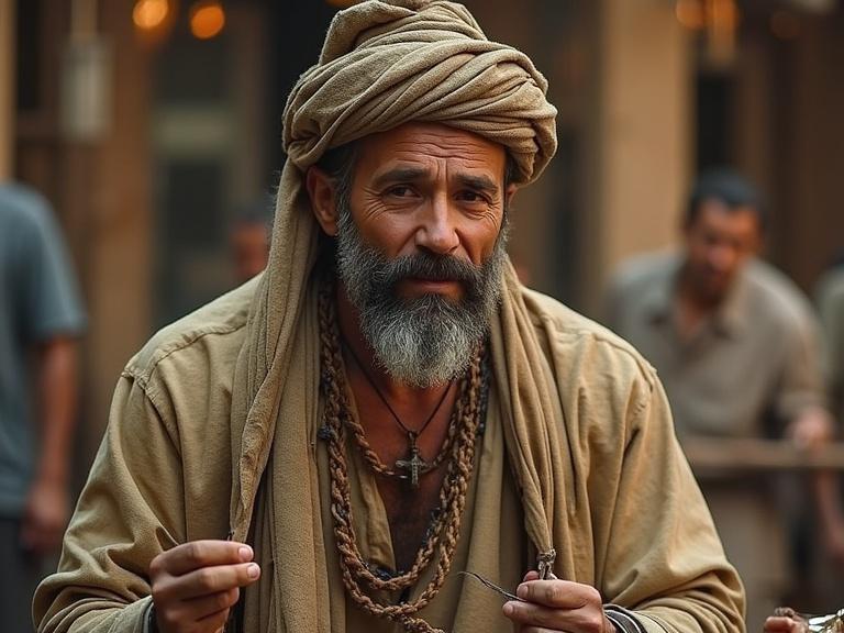Image of a person wearing traditional clothing. Person holds equipment relevant to metalworking. Set in an outdoor urban environment. Background shows other individuals involved in similar activities.