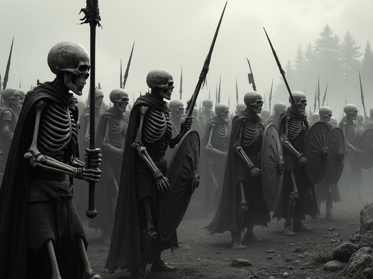 Chiaroscuro landscape shot features a formidable army of skeletons. Skeleton warriors in distressed armor stand in chaos. Some wear full plate some chainmail skirts exposing bones. Variety of shields and weapons including swords axes and spears held. Emphasis on dramatic light and shadow highlights chilling details.
