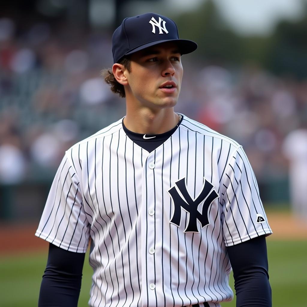 A baseball player dressed in a New York Yankees jersey stands in a baseball field. The player is wearing a cap and appears ready for action. The background shows an audience of sports fans.