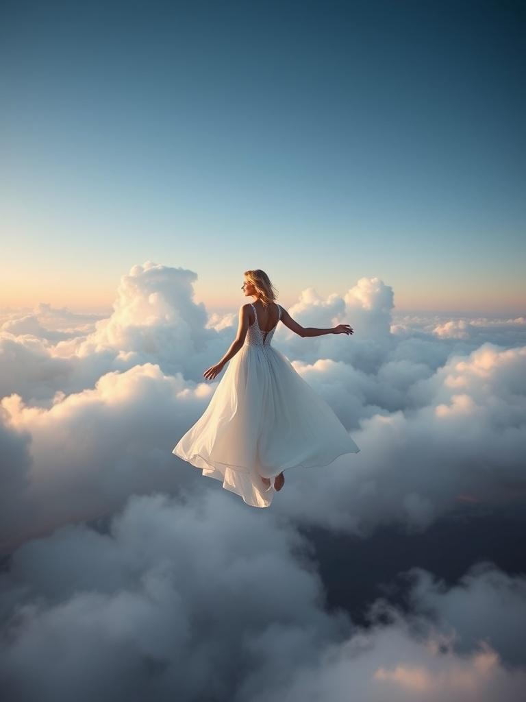 A woman in a flowing white dress appears to be gracefully hovering among the clouds. The scene is set against a backdrop of a serene sky, filled with softly illuminated clouds, capturing the magic of a dreamlike state.