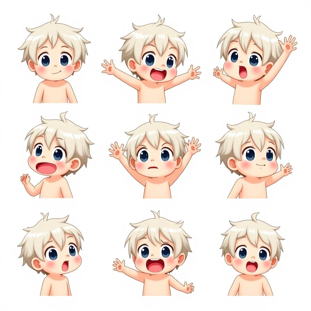 Anime-style kid character illustrated in various cute and playful expressions. Character has white hair with multiple illustrative poses and expressions.