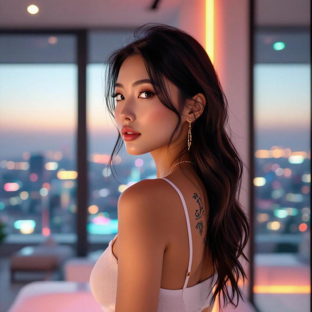 A view of a model in a luxury penthouse suite. The model has a cute tattoo and looks away. She wears a summer top. The setting has a minimal and techy vibe with neon lights. The photo captures the essence of a modern lifestyle.