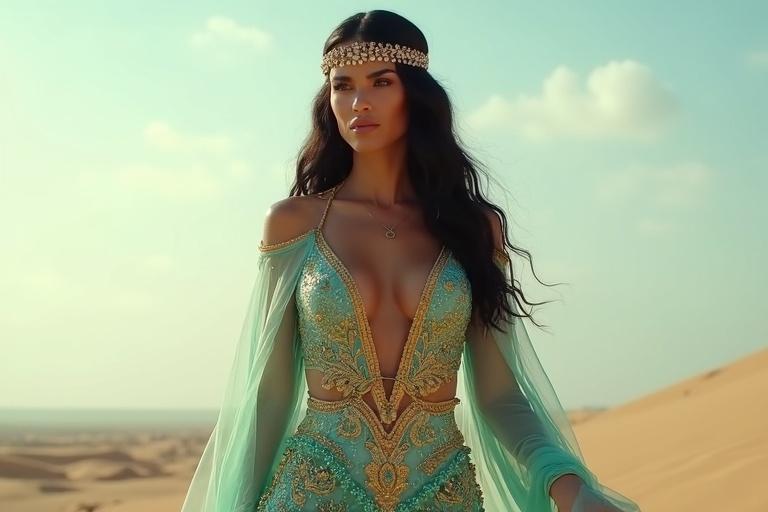 Tall white skin woman in turquoise Arabian princess outfit with gold embroidery. She walks toward shimmering horizon. Her black hair shines. The outfit flows in the breeze. Her expression is steady and noble.