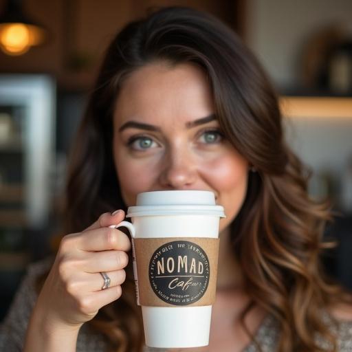 A woman holds a coffee cup featuring the 'Nomad Cafe' logo. She smiles while enjoying her drink in a cozy setting. Her dark hair frames her face beautifully.