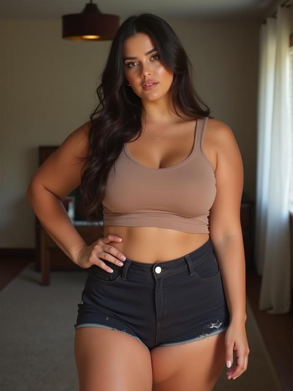 Chubby woman posing confidently in tight shorts. She looks directly at the viewer. Indoor setting with natural light. Casual outfit.