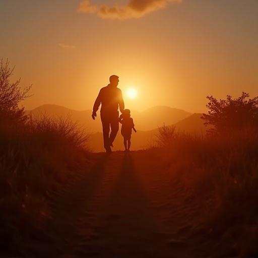 Cinematic image of Father's Day theme during golden hour. Scene features deep orange and blue colors. Low angle shot with dramatic side lighting. Emphasizes the significance of the moment with high contrast and shadows.