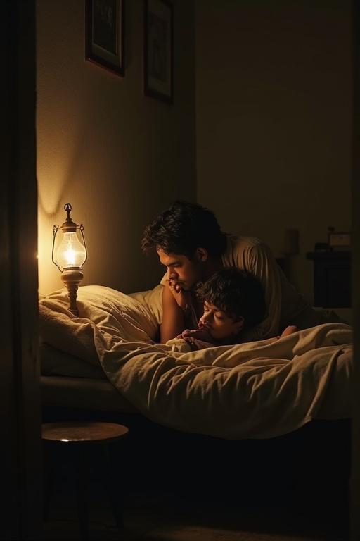 Inside a modest dimly lit room. Sonu lies on a simple cot covered with a thin blanket. He looks weak. Tony sits loyally by his side. His head rests on the bed. Eyes filled with concern. A small oil lamp flickers beside them casting a soft glow.