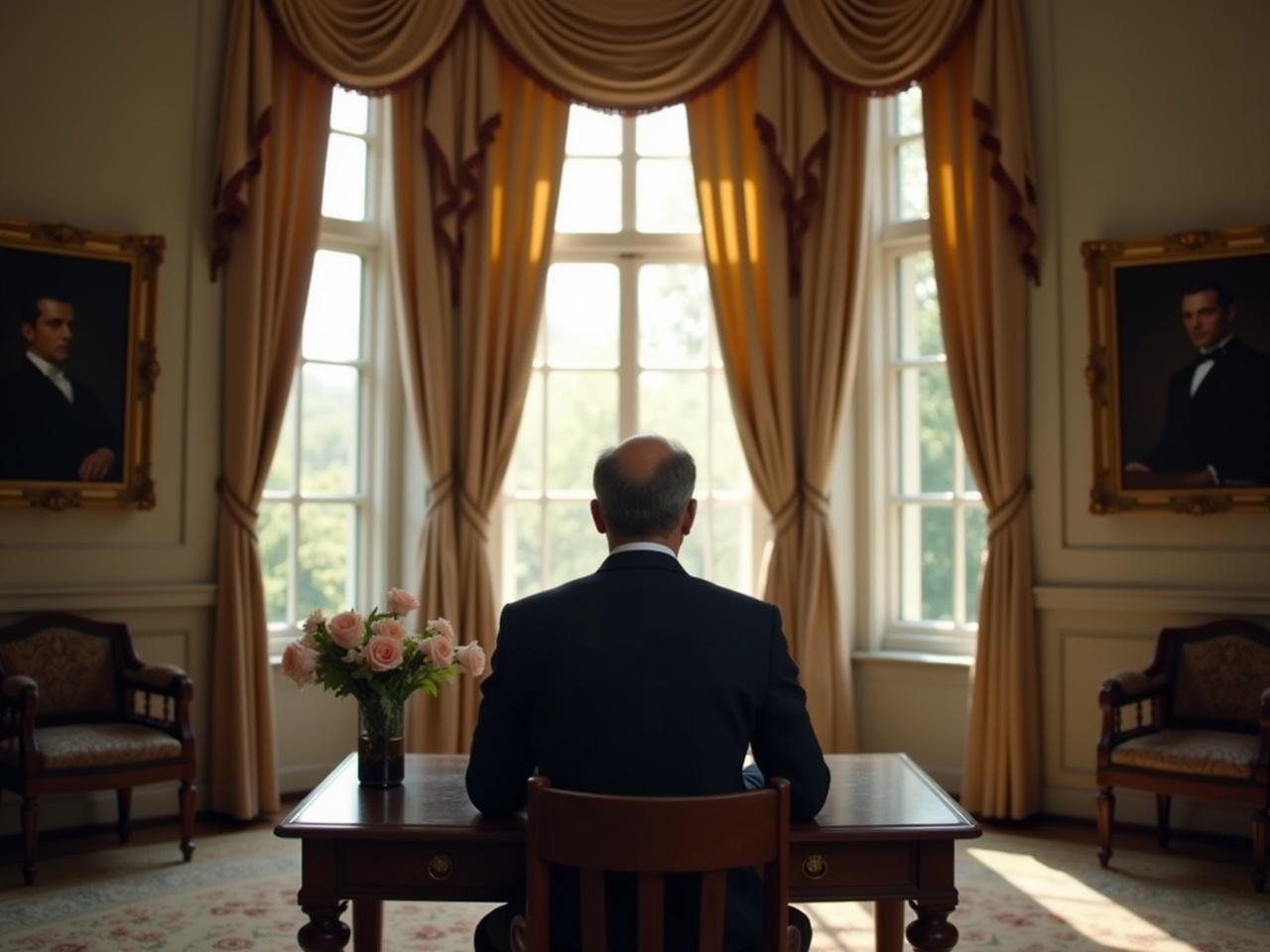 The image shows a man sitting at a wooden desk in an elegant room. He is facing away from the viewer, dressed in a dark suit. Sunlight filters through large windows adorned with flowing curtains, illuminating the space gently. The room features classic decor, including portraits and a richly designed mirror on the wall. A small vase with flowers sits on the desk, adding a touch of warmth to the setting. The overall atmosphere is calm and reflective, suggesting a moment of contemplation.