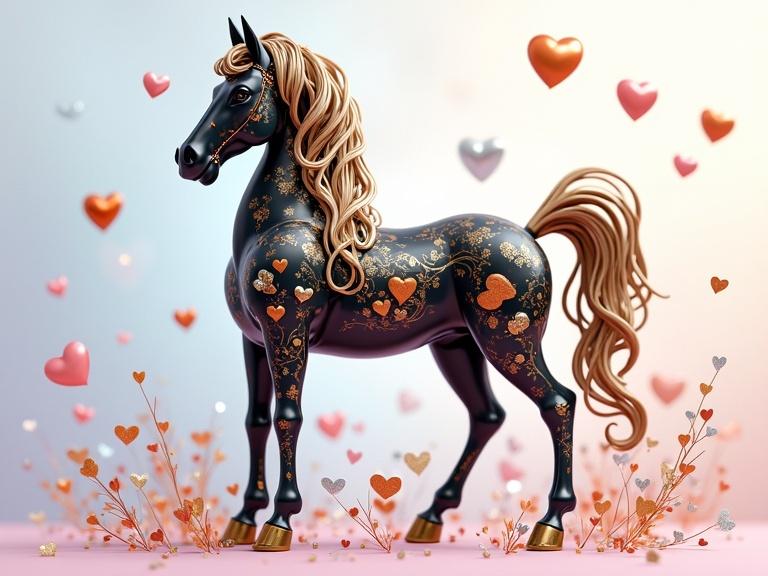 A stylish metallic horse with a polished look stands confidently. The horse has intricate designs of hearts. Colors include black with gold and silver accents. Surrounded by small hearts of various sizes in pink and orange. Background features soft pastel hues like blue and pink. The piece conveys themes of love and joy, inspired by manga art with a watercolor feel.
