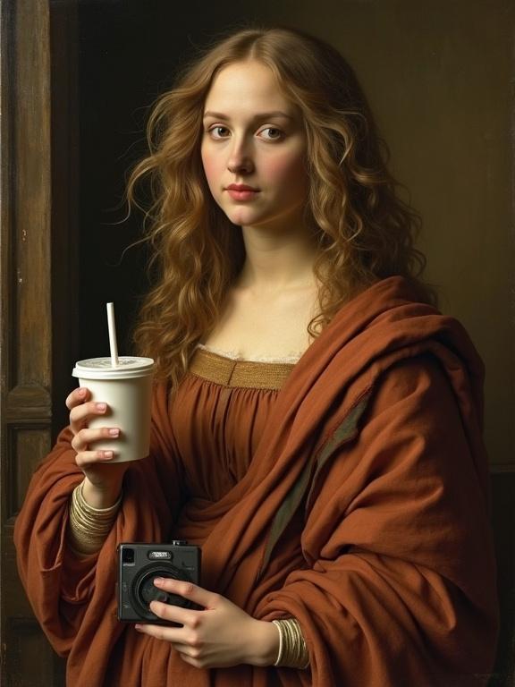 Young woman with messy hair in a brown robe. She holds a coffee drink in one hand and a camera in the other. Captures modern selfie culture. Inspired by Leonardo Da Vinci's 'La Gioconda'.