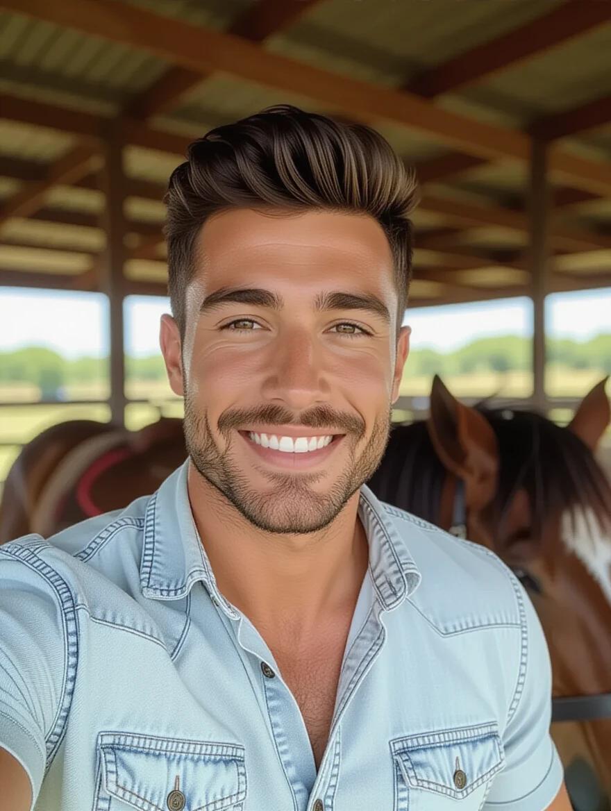 A handsome 25-year-old Brazilian man stands next to a horse inside a stable. The background features wooden beams and other horses. His shirt is casually stylish.