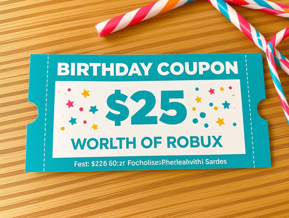 A birthday coupon displays $25 worth of Robux. The design includes colorful stars and festive elements. The coupon is placed on a bamboo wood background with colorful straw accents.
