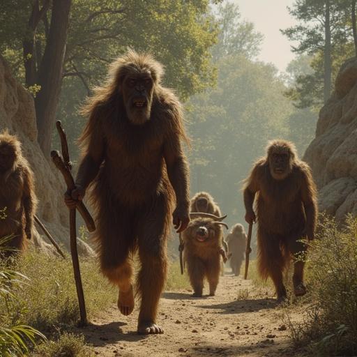 Neanderthals engaged in a hunting activity. They are depicted in a natural setting with trees and foliage. Some hold hunting tools while walking together, exuding a sense of primal teamwork.