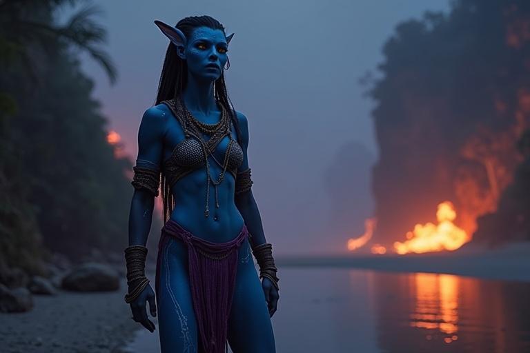 Kaari stands at the tide pool. Chaos erupts around her. Flames burst from the treeline. She has smooth blue skin and bioluminescent stripes. Her tall figure is powerful and elegant. High cheekbones and golden eyes show fear. Long hair is braided with natural beads. She wears a netted chest covering and a purple loincloth. Armbands and leg ornaments reflect her tribal heritage.
