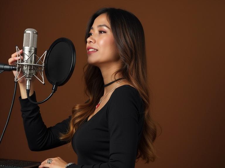 Beautiful woman singing in a recording studio with a microphone in front of her.