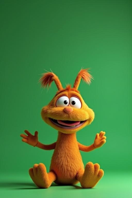 3D animated character with orange fur and happy expression. Character is sitting and waving. Background is green.