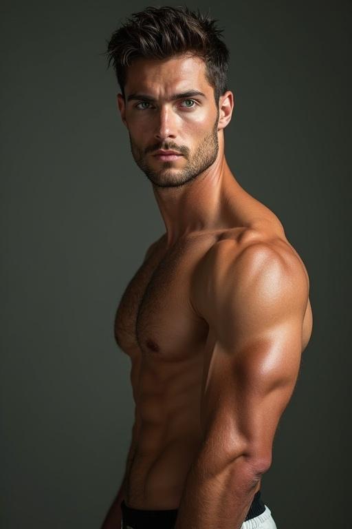 Tall handsome man with muscular physique. Dark hair and green eyes. Captured in side profile.