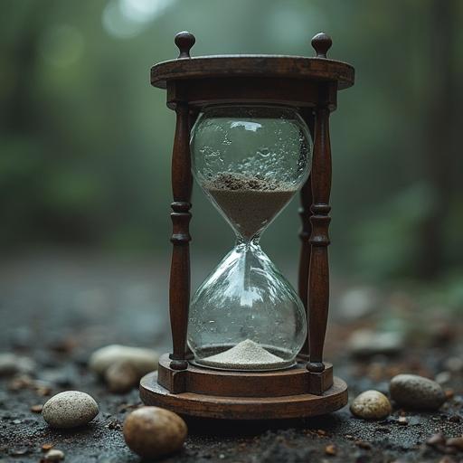 A broken hourglass placed on the ground. Soft focus of a natural forest background. Sand spilling out of the hourglass. Textured stones around the hourglass. Calm atmosphere created by natural light.