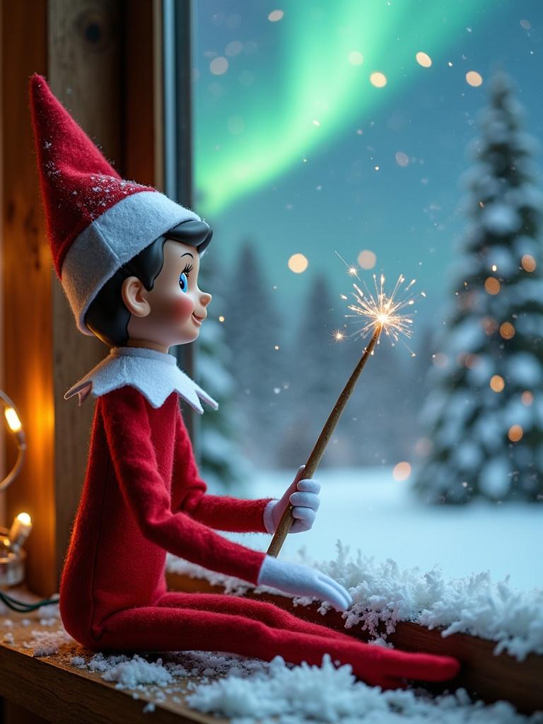 An elf dressed in red and white sits by a window. Elf holds a magic wand and gazes at the northern lights. Snow-covered trees are visible outside. Soft festive lights surround the elf. Magical ambiance and holiday cheer are present.