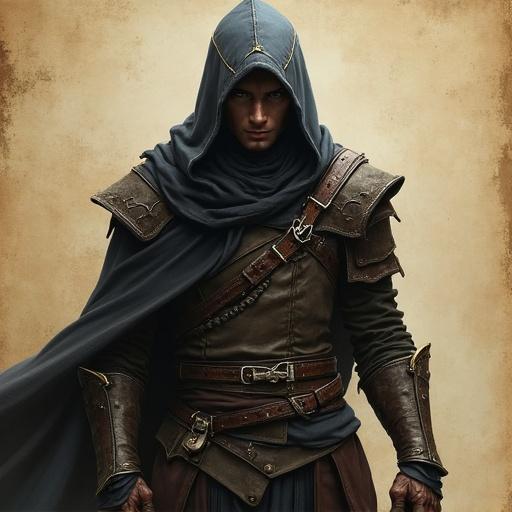 Hooded elf with scars stands as a rogue. Sneaking action captured. Dressed in leather armor. Background fades into parchment paper for an epic fantasy feel. Digital artwork mimicking Antonio J. Manzanedo's style.