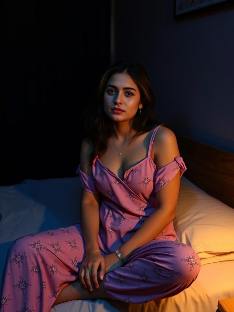 A woman in pink pajamas sits on a bed in a softly lit room.