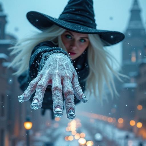 A witch soars through the air toward the camera. She has long white hair and a black pointy hat. Her right hand is extended forward with five visible fingers and short rounded nails dusted with frost. Ice shards erupt from her fingertips creating swirling crystalline formations. Snow falls around her with warm amber lights twinkling in the city below. Dynamic motion and depth capture attention. The artistic style draws influence from Artgerm and Greg Rutkowski.