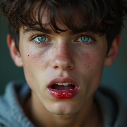 Closeup shot of high school teenager boy. Boy has rebellious look. Lips are bitten and wounded. Blood is present. Nose is bleeding. Expression is emotionless.