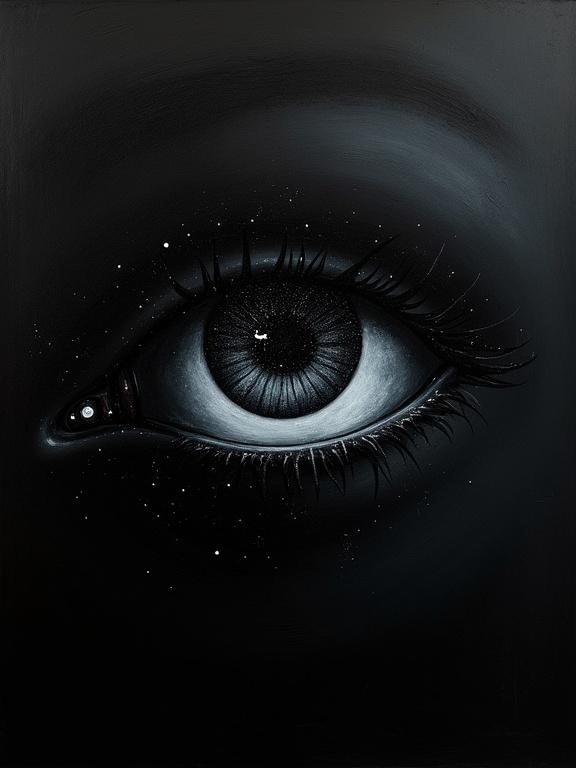 Extremely rough oil painting on completely black background. Giant silhouette eye emerges from top right corner. Eye filled with cosmic void of dark stars.