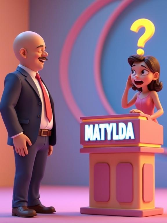 Colorful Pixar-style 3D scene of a cheerful bald game show host in a pastel-colored TV studio. A surprised woman contestant is holding her head. The game podium displays the word Matylda. Above the host's head is a glowing question mark. Bright warm lighting creates a humorous playful atmosphere. Hyperrealistic 3D rendering.