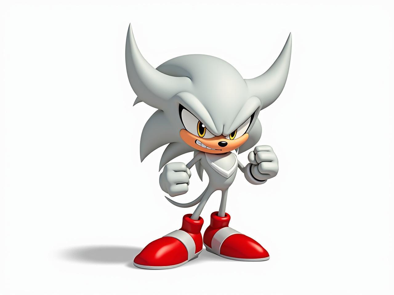 A cartoon character with a sleek, white, and silver color scheme. The character has an intense expression, showcasing determination with a focused look. Its quills are sharp and dynamic, reflecting movement and speed. The character is posing in an action-ready stance, with fists clenched and muscles tensed. The dynamic design features bright red shoes, adding a pop of color to its predominantly white and silver form. The background is simple, emphasizing the character. Overall, the image radiates energy and motion.