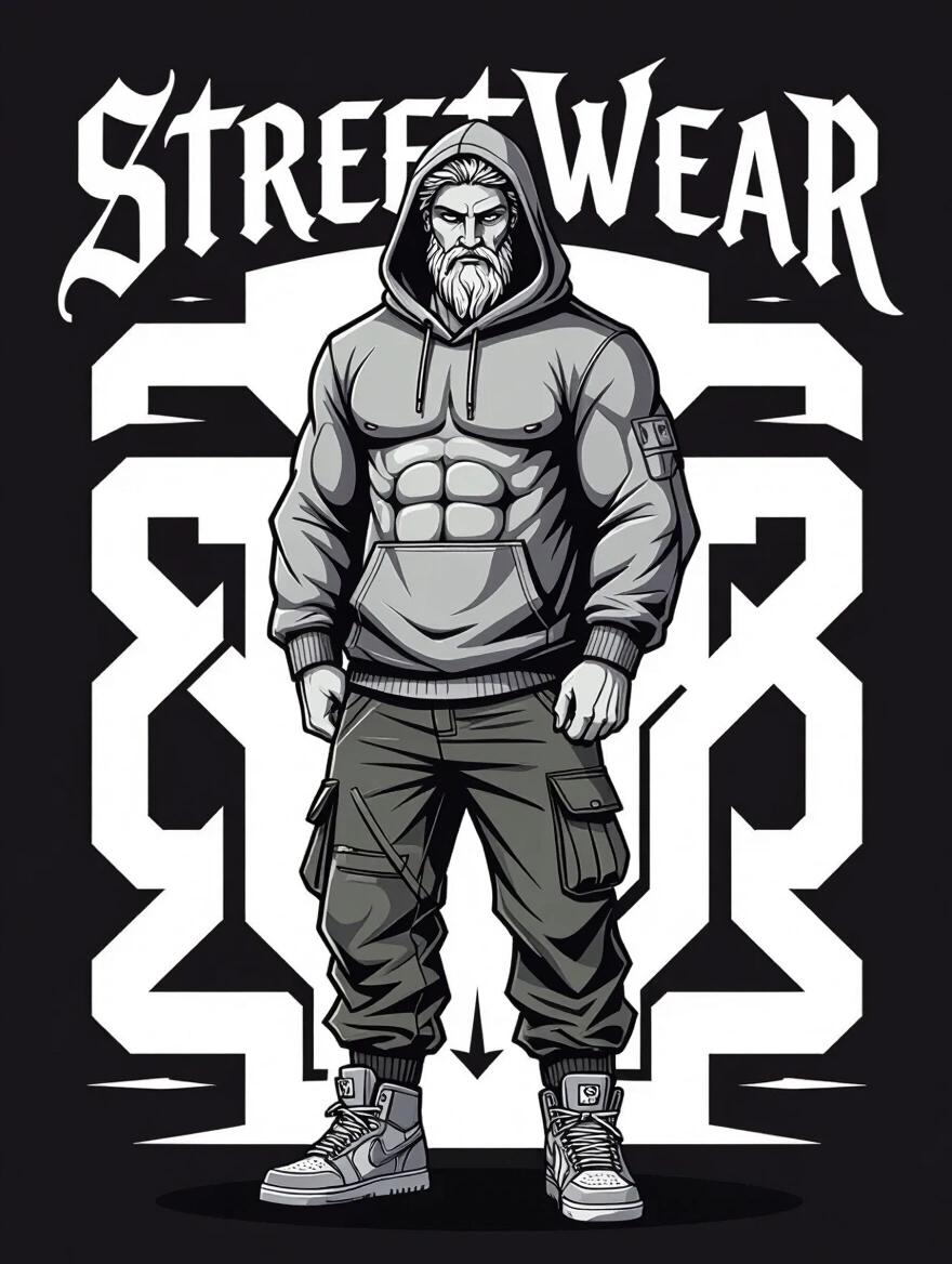 Urban streetwear illustration featuring a muscular character dressed in modern streetwear. Character inspired by Greek god sculptures, artistically designed with bold shading. Background is solid black. The word 'STREETWEAR' integrated into the design.