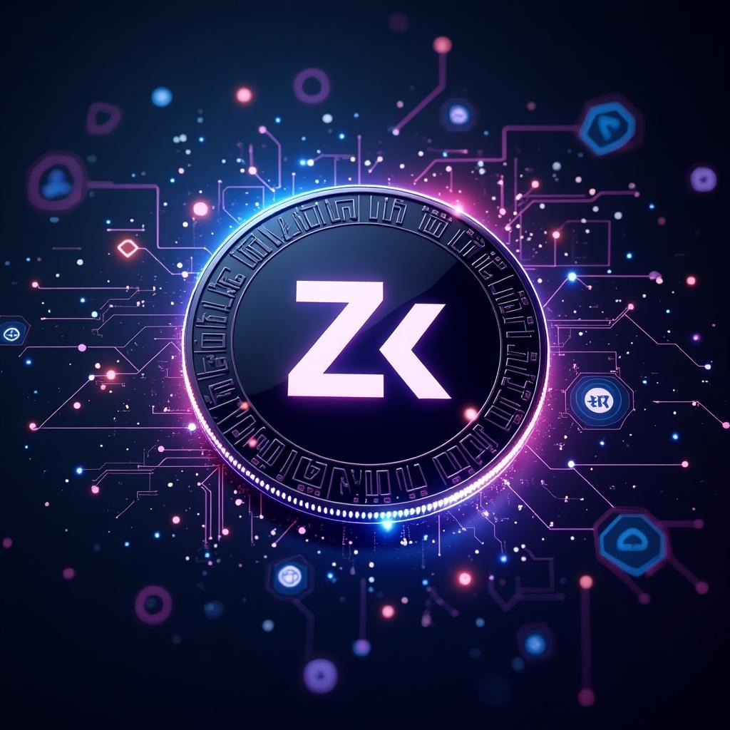 Abstract representation of ZKSync coin with a glowing circular design. Futuristic digital elements surround the coin symbol. Vibrant colors create a tech-inspired theme.