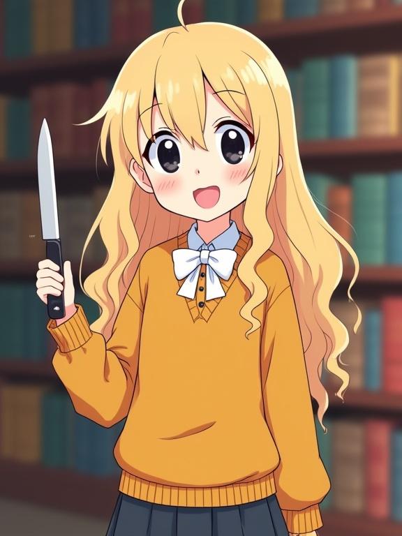 Anime girl with long wavy blonde hair and a quirky ahoge. Wide black googly eyes and friendly smile. Wearing a mustard yellow sweater and a white bow tie. Standing in a library holding a long knife. Simple cartoon style with flat shading and clean lines. Wholesome and cheerful expression. Web animation aesthetic with quirky posture.