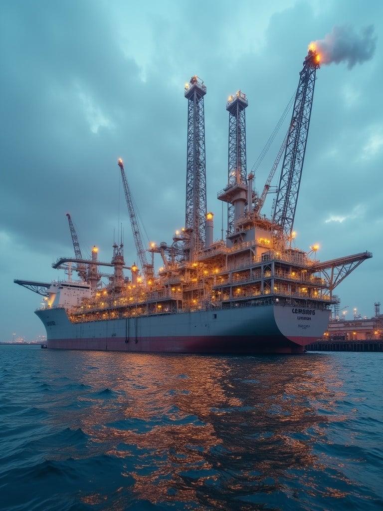 Offshore drilling rig illuminated at twilight with several towering cranes and exhaust flames. Water reflects lights from the rig and clouds disperse around the sky. Industrial scene captures energy production at sea.