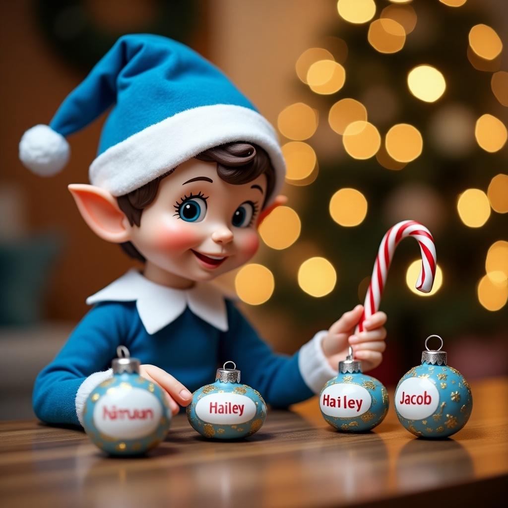 Charming Christmas elf in blue attire holding a candy cane. Elf writing on decorative baubles with names. Surrounded by holiday decorations and a softly lit Christmas tree. Cheerful and festive scene.