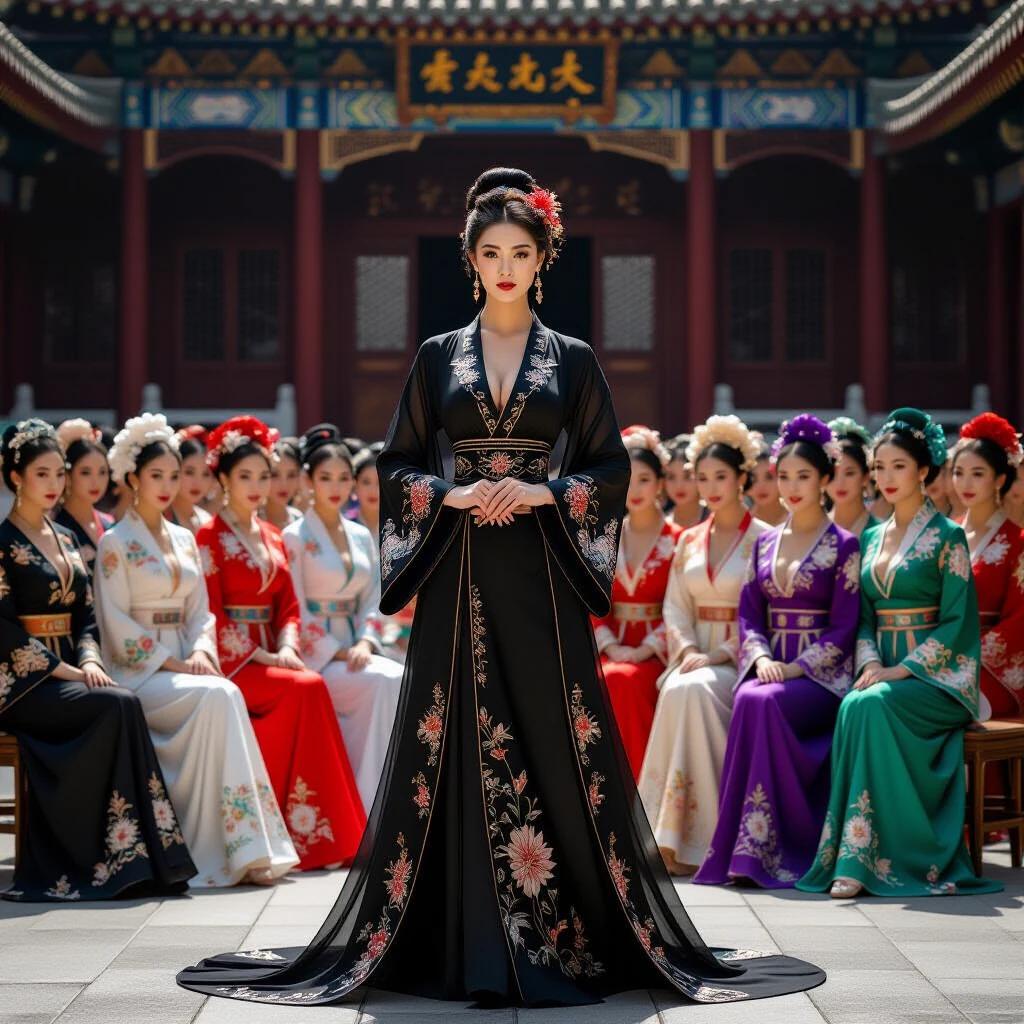 A group of oriental-styled women is seated and standing in a classic Chinese palace courtyard. They wear colorful lingerie with golden embroidery. Their hair features traditional updos with floral accessories. A central woman in black lingerie and sheer robe stands out as a leader. The architecture is elegant and cultural.